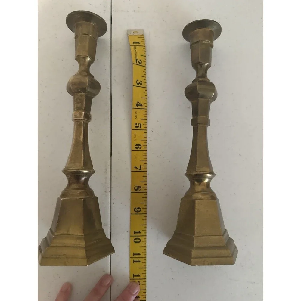 Vintage Pair Faceted Brass Candlesticks Patina